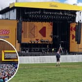 The 'surprise performance' stage at Leeds Festival 2023 for Lil Tjay on Saturday, whose set was cancelled at the last minute on Friday, inset.