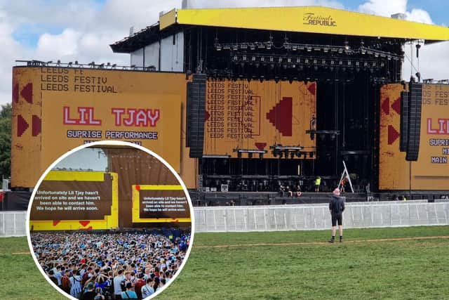 The 'surprise performance' stage at Leeds Festival 2023 for Lil Tjay on Saturday, whose set was cancelled at the last minute on Friday, inset.