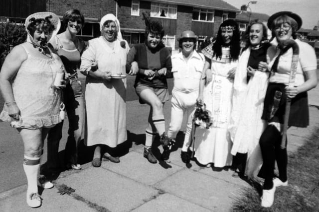 A street party was held to celebrate the wedding of Prince Charles and Lady Diana Spencer in July 1981. Pictured, from left, are Marion March, Linda Rook, Kathleen Lumb,  Susan Fuller, Linda Heylinds, Edith Taylor and Diane Wiper.