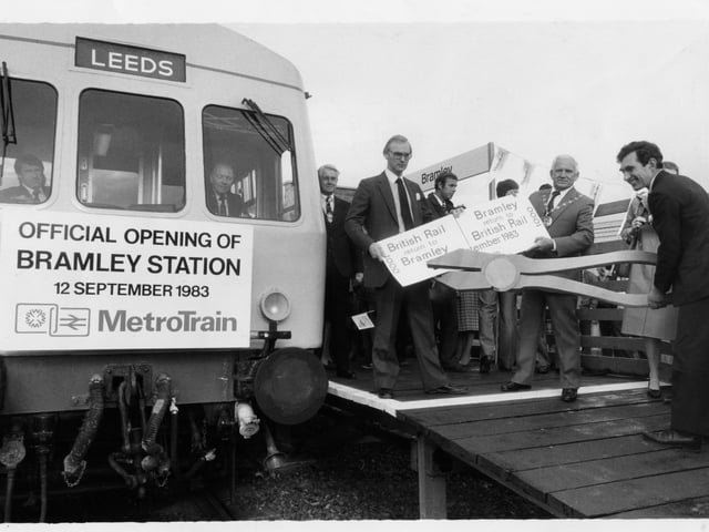 September 1983 and County Councillor Bill Sykes (centre), chairman of West Yorkshire County Council, has his ticket punched at the newly-opened Bramley Station by Paul Watkinson (right) Yorkshire division manager, British Rail and Bill Cottham (left), director general of the West Yorkshire Passenger Transport Executive.
