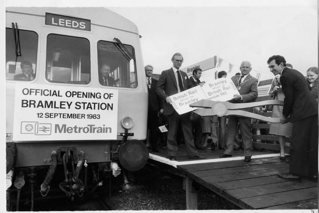 September 1983 and County Councillor Bill Sykes (centre), chairman of West Yorkshire County Council, has his ticket punched at the newly-opened Bramley Station by Paul Watkinson (right) Yorkshire division manager, British Rail and Bill Cottham (left), director general of the West Yorkshire Passenger Transport Executive.