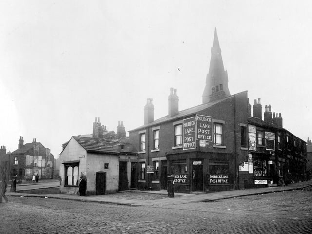 The junction of Wortley Lane and Holbeck Lane in September 1931. The Post Office which was run by Sarah Ann Westerman, is at the end of Holbeck Lane, road continues as Wortley Lane. The street to the right is Springwell Street. behind on Spence Lane, can be seen the spire of St. John the Baptist.