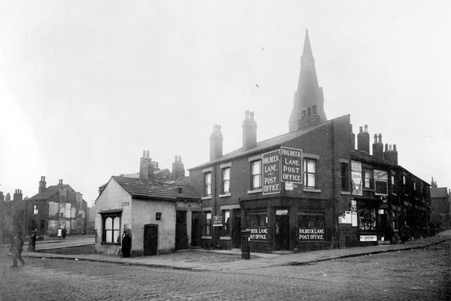 The junction of Wortley Lane and Holbeck Lane in September 1931. The Post Office which was run by Sarah Ann Westerman, is at the end of Holbeck Lane, road continues as Wortley Lane. The street to the right is Springwell Street. behind on Spence Lane, can be seen the spire of St. John the Baptist.