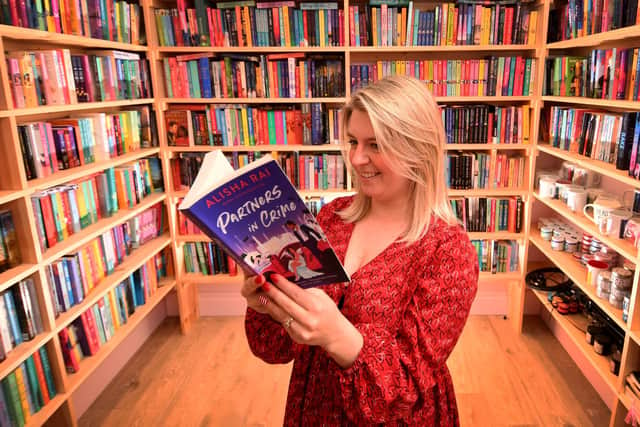 Romantic book seller Amy Richards in her office - nicknamed The Smut Hut - in Meanwood, Leeds. Picture: Simon Hulme