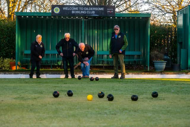 Gildersome Crown Green Bowling Club. Diane Hales, Frank Tempest, Harvey Lockwood, and Frank Hales. Picture By Yorkshire Post Photographer,  James Hardisty.