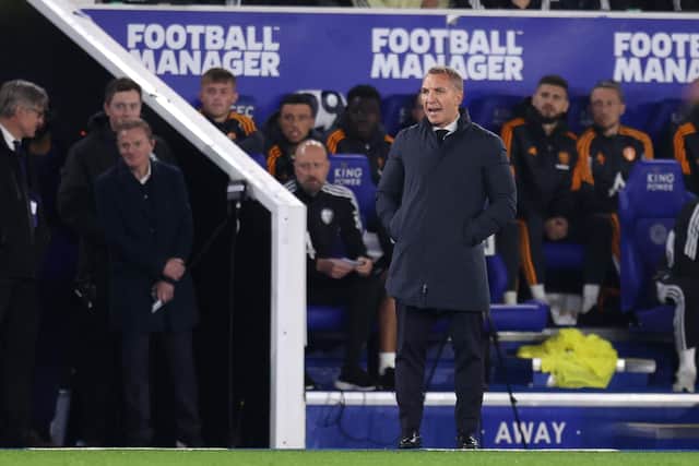 LEICESTER, ENGLAND - OCTOBER 20: Brendan Rogers, Manager of Leicester City during the Premier League match between Leicester City and Leeds United at The King Power Stadium on October 20, 2022 in Leicester, England. (Photo by Alex Pantling/Getty Images)