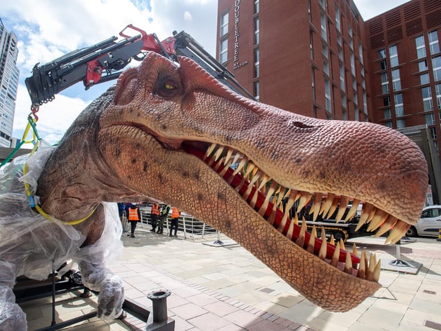 A 14ft long Spinosaurus, pictured here showing off its impeccable set of 84 teeth, was built and craned in at Granary Wharf for the Leeds Jurassic Trail launch.