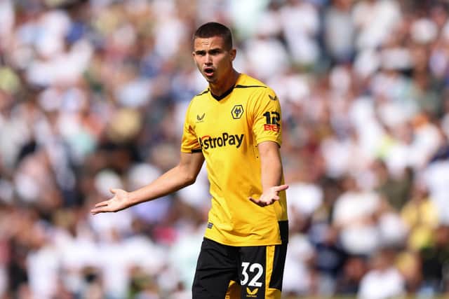 LEEDS, ENGLAND - AUGUST 06:  Leander Dendoncker of Wolverhampton Wanderers during the Premier League match between Leeds United and Wolverhampton Wanderers at Elland Road on August 6, 2022 in Leeds, United Kingdom. (Photo by Marc Atkins/Getty Images)