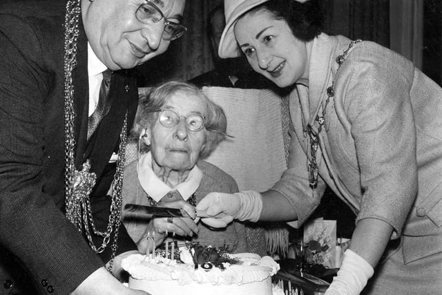 The Lord Mayor of Leeds, Alderman Joshua Walsh, and the Mayoress at The Hollies Residential Home for the Elderly on Weetwood Lane, on the occasion of the 104th birthday of resident Mrs Hagar-Russell in June 1967.