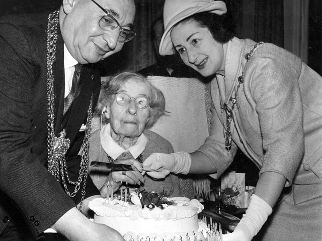 The Lord Mayor of Leeds, Alderman Joshua Walsh, and the Mayoress at The Hollies Residential Home for the Elderly on Weetwood Lane, on the occasion of the 104th birthday of resident Mrs Hagar-Russell in June 1967.