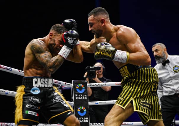 Callum Simpson in action in his British, European and Commonwealth championship fight against Troy Williamson