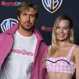 Ryan Gosling and Margot Robbie arrive for the Warner Brothers Pictures red carpet photocall of "Barbie" during CinemaCon 2023 at Caesars Palace in Las Vegas, Nevada, on April 25, 2023. (Photo by BRIDGET BENNETT/AFP via Getty Images)