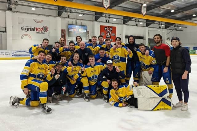 CHAMPIONS: Leeds Knights celebrate their NIHL National regular season league championship following a 4-2 win at two-time winners Telford Tigers.
