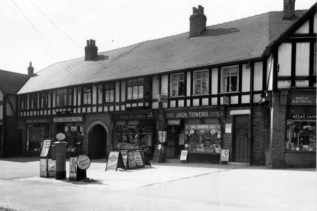 Shops on Stonegate Road in April 1956. Pictured, from left, are Parkland Fisheries; Harry Dalby, family butcher; Parkland Stores, fruit and fish shop; Jack Towers, stationer, and on the corner, Pearson Bros., radio and electrical shop. Advertisements outside are for; Goldflake Tobacco, T.V. Stamps, Woman's Journal, Woman's Own, Player's cigarettes, Lyon's Ice Cream and Orange Maid lollies, among others. .