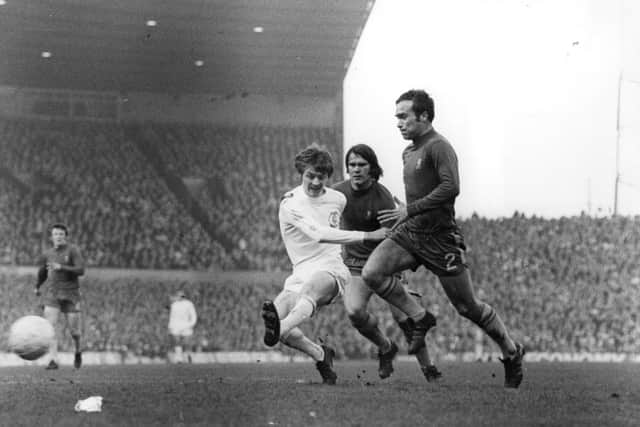 30th April 1970:  Alan Clarke (left) of Leeds United takes a shot at the Chelsea goal as Chelsea defenders Ron Harris (left) and Dave Webb approach, during the FA Cup Final replay at Old Trafford. Chelsea won 2-1 after extra time.  (Photo by Central Press/Getty Images)