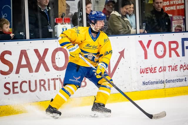 BACK IN THE GAME: Defenceman Jonas Bennett returns after being away on international duty with GB Under-20s alongside Leeds Knights' team-mates, Daragh Spawforth and Edgars Vengis. Picture: Ben Gordon/Knights Media.