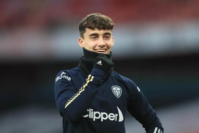 LONDON, ENGLAND - FEBRUARY 14: Niall Huggins of Leeds United looks on during the warm up prior to the Premier League match between Arsenal and Leeds United (Photo by Adam Davy - Pool/Getty Images)