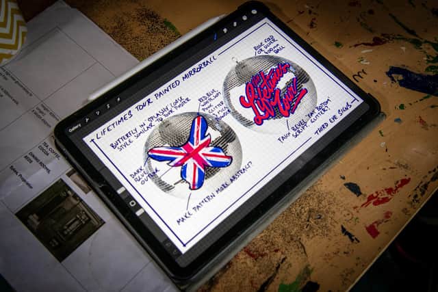 The design by Leeds mirrorball artist and signwriter Kieran Hadley for a miirorball for American singer, songwriter, Katy Perry on her current world tour 'The Lifetimes Tour' Photograph by Tony Johnson.