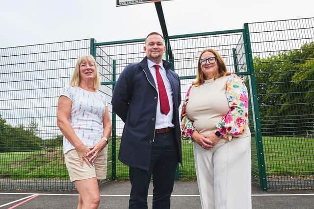 From left to right: Cheryl Day (Blyth District Council), Pete Whittingham (TBBD); Cllr. Rhona Collins meet on site to celebrate the opening of the new MUGA