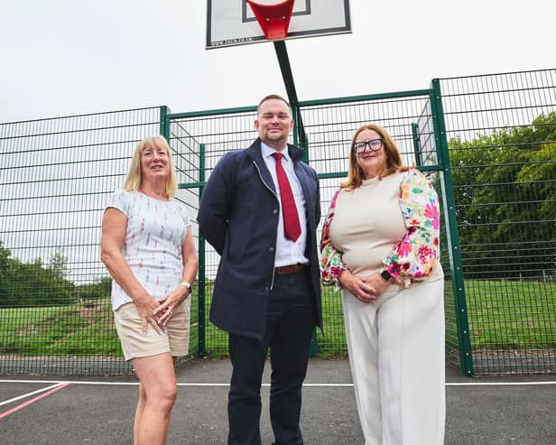 From left to right: Cheryl Day (Blyth District Council), Pete Whittingham (TBBD); Cllr. Rhona Collins meet on site to celebrate the opening of the new MUGA