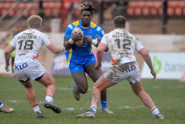 Justin Sangare in action for Leeds Rhinbos against Bradford Bulls. Picture by Steve Riding.