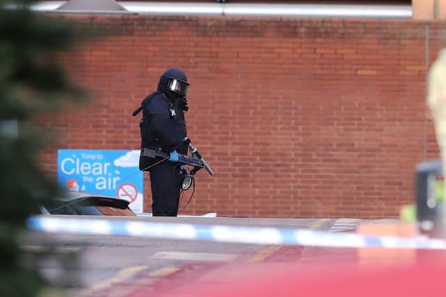 A member of the bomb disposal unit wearing protective equipment at St James's Hospital, Leeds, where patients and staff were evacuated from some parts of the building following the discovery of a suspicious package outside the Gledhow Wing (Photo: Ben Lack/PA Wire)