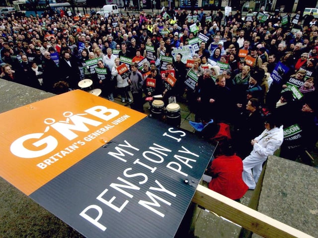 Demonstrators gather outside Leeds Art Gallery to protest about their pension rights in May 2006.