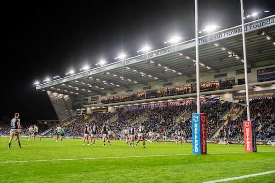 Rhinos face Hull FC at Headingley in February, 2023. Picture by Allan McKenzie/SWpix.com .