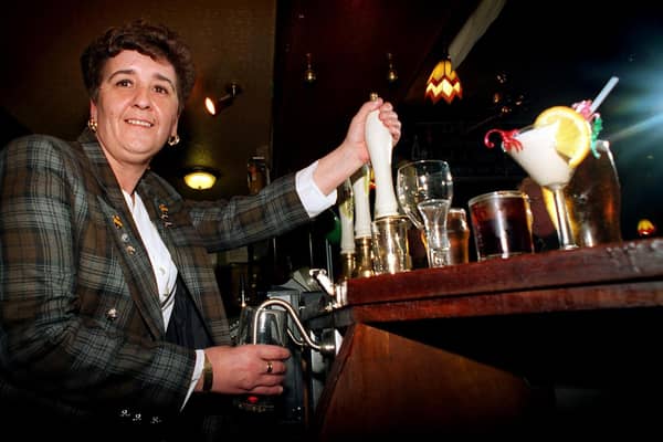 This is barmaid Jackie Mudd who could remember some 1,500 drinks requested by customers at The Middleton Arms. Pictured in February 1997.