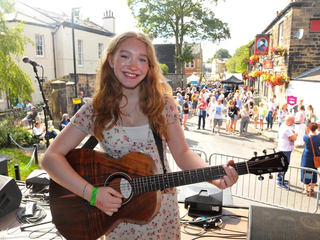 Chapel Allerton musician Ruby Brown, 18, who sang her own songs at the festival. Ruby is going to the Liverpool Institute for Performing Arts later this month.