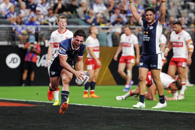 Brodie Croft, seen scoring against Hull KR last week, has a hamstring injury and won't be in Leeds Rhinos' team to face Castleford Tigers on Sunday. Picture by Alex Whitehead/SWpix.com.