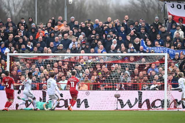 ACCRINGTON, ENGLAND - JANUARY 28: Luis Sinisterra of Leeds United scores the team's third goal during the Emirates FA Cup Fourth Round match between Accrington Stanley and Leeds United at Wham Stadium on January 28, 2023 in Accrington, England. (Photo by Gareth Copley/Getty Images)