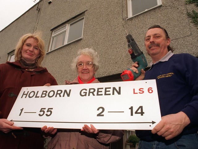 Pictured with one of the new street signs for the Holborn estate in February 1997 are, from left, Coun Maggie Giles-Hill, local resident Doreen Tinker, and Alan Garbutt from City Signs ready to start work on putting up the signs.