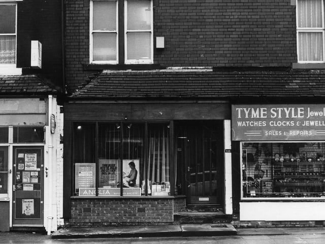Shops on Harehills Lane in March 1982. On the right is Tyme Style Jewellers, then in the centre is the Anglia Building Society while on the left is a newsagent.