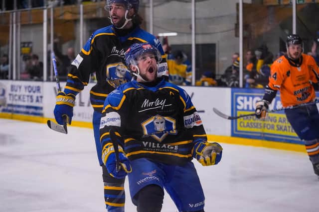STRIKE ONE: Leeds Knights' captain Kieran Brown celebrates the first of his two goals against Romford Raiders on Sunday night. Picture: Dan Richardson/Knights Media.