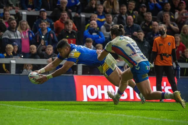 David Fusitu'a scores for Rhinos against Wakefield Trinity in May, 2022. Picture by Bruce Rollinson.