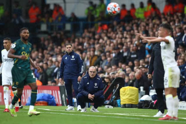 LEEDS, ENGLAND - OCTOBER 02: Marcelo Bielsa, Manager of Leeds United looks on during the Premier League match between Leeds United and Watford at Elland Road on October 02, 2021 in Leeds, England. (Photo by Jan Kruger/Getty Images)