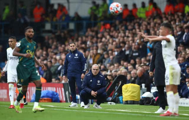 LEEDS, ENGLAND - OCTOBER 02: Marcelo Bielsa, Manager of Leeds United looks on during the Premier League match between Leeds United and Watford at Elland Road on October 02, 2021 in Leeds, England. (Photo by Jan Kruger/Getty Images)