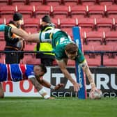 Hunslet have confirmed the departure of Jack Render, seen scoring against Rochdale Hornets. Picture by Craig Irvine/Hunslet RLFC.