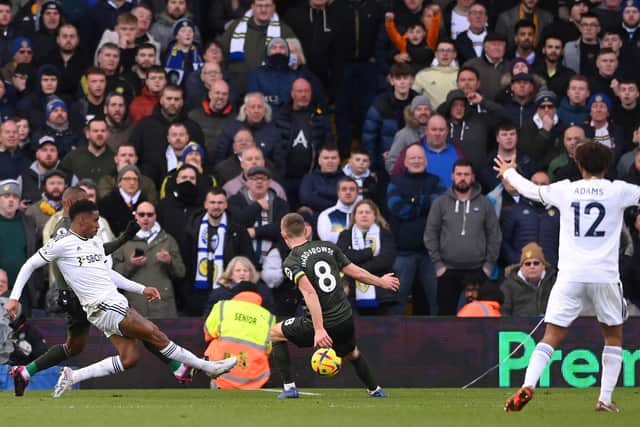 'BIG BREAK': Junior Firpo fires home what proves the only goal of the game to give Leeds United a precious three points in Saturday's Premier League clash at home to Southampton. Photo by Stu Forster/Getty Images.