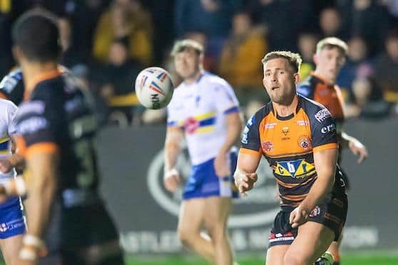 Greg Eden passes during Tigers' home loss to Warrington. Picture by Allan McKenzie/SWpix.com.