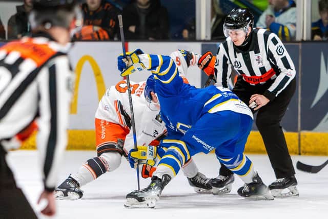 DERBY DAY: Leeds Knights and Sheffield Steeldogs produced a competitive play-off semi-final in Coventry. Picture: Miles Tidman/Knights Media.