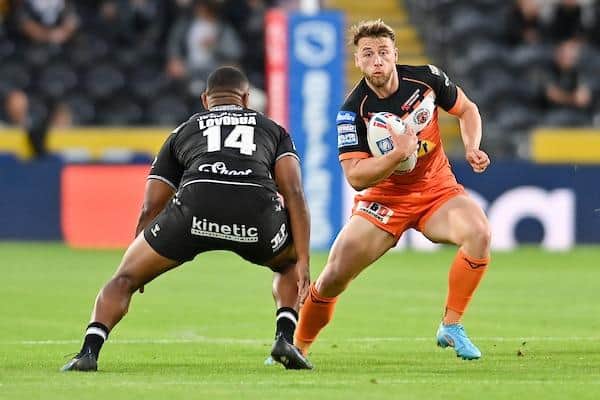 Tigers' Danny Richardson runs at Joe Lovodua, of Hull FC. Picture by Will Palmer/SWpix.com.