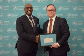 Philip Rodrigo, Master Cutler of the Company of Cutlers in Sheffield at the launch of their challenge with Tom Elliott, CEO of Medilink North of England