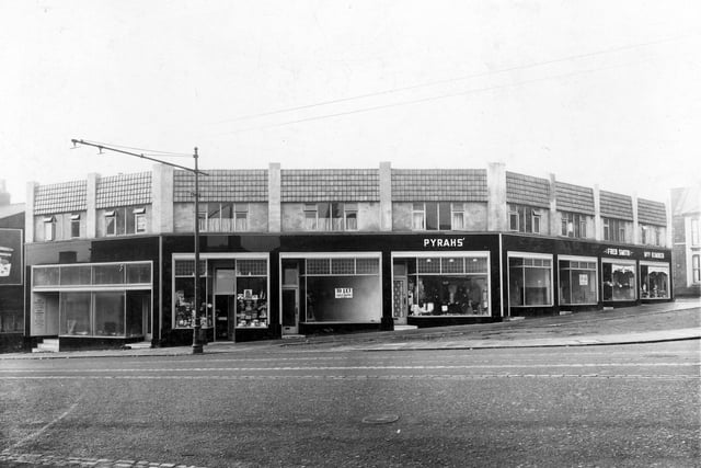 A parade of shops - Pyrah's, Fred Smith, and Miss Kimber - at junction of Harrogate Road and Stainbeck Lane in February 1936.