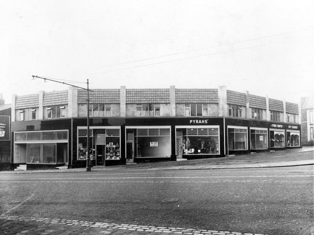 A parade of shops - Pyrah's, Fred Smith, and Miss Kimber - at junction of Harrogate Road and Stainbeck Lane in February 1936.