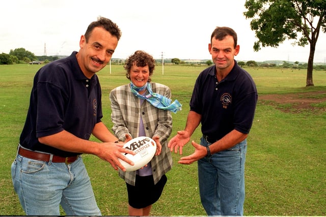 Castleford Panthers A.R.L were awarded a lottery grant in July 1996. Pictured at the development site are, from left, Dave Wilders (secretary and player), Enid Hepworth (fund raising co-ordinator) and Peters Wilders (treasurer and player).