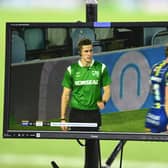 Referee Chris Kendall on a Sky TV monitor as he awaits a decision from his video assistant during Leeds Rhinos' Magic Weekend loss to Warrington Wolves. Picture by Simon Wilkinson/SWpix.com.