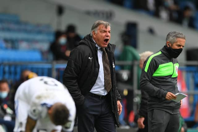 LEEDS, ENGLAND - MAY 23: Allardyce reacts on the touchline at Elland Road on May 23, 2021 in Leeds, England. (Photo by Stu Forster/Getty Images)