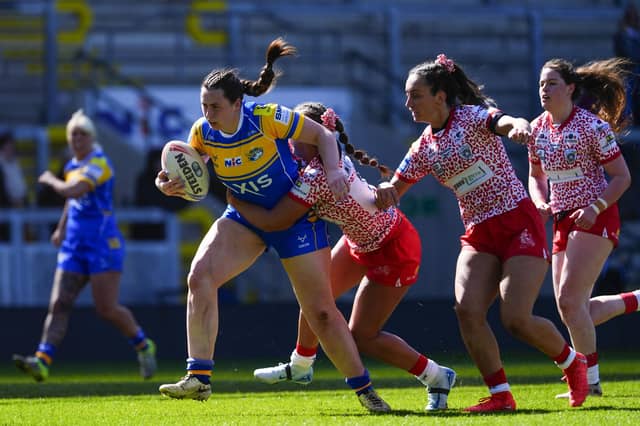 Leeds Rhinos' Shanon Lacey on the attack against Leigh Leopards last week, in her first game since 2022. Picture by Olly Hassell/SWpix.com.